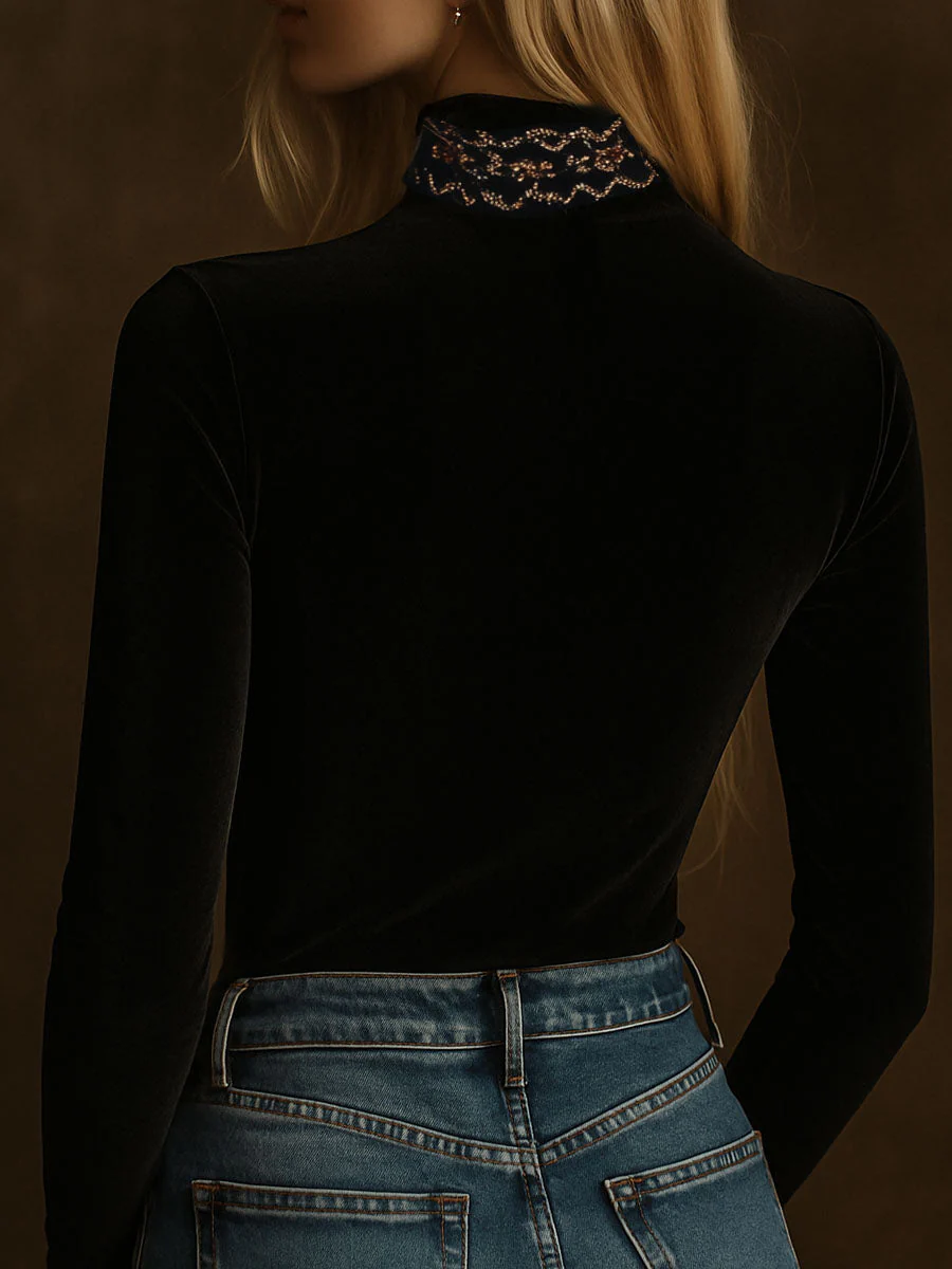 Elegant Turtle Neck Embroidery Velvet Long Sleeves Top - Image 2