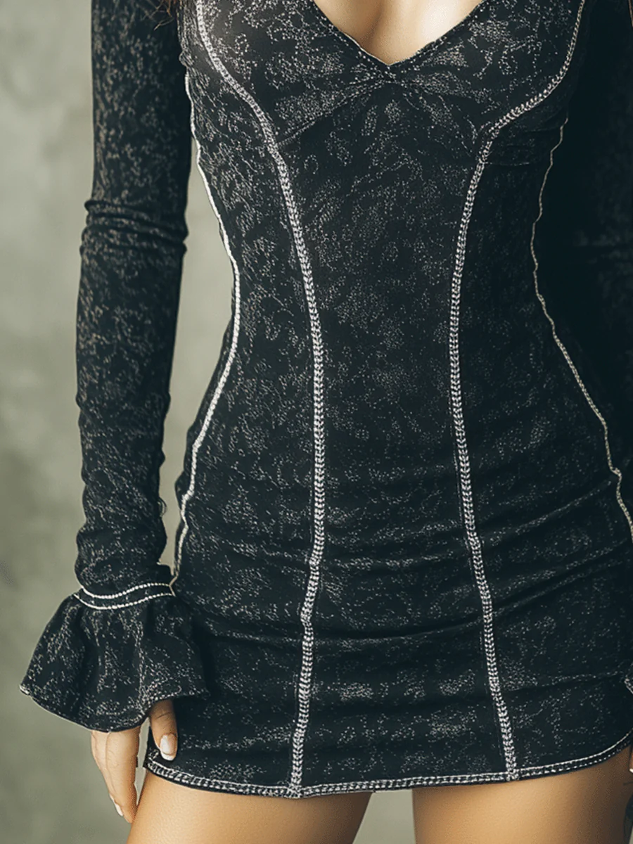 Elegant Velvet Flared Cuffs Bodycon Mini Dress - Image 3