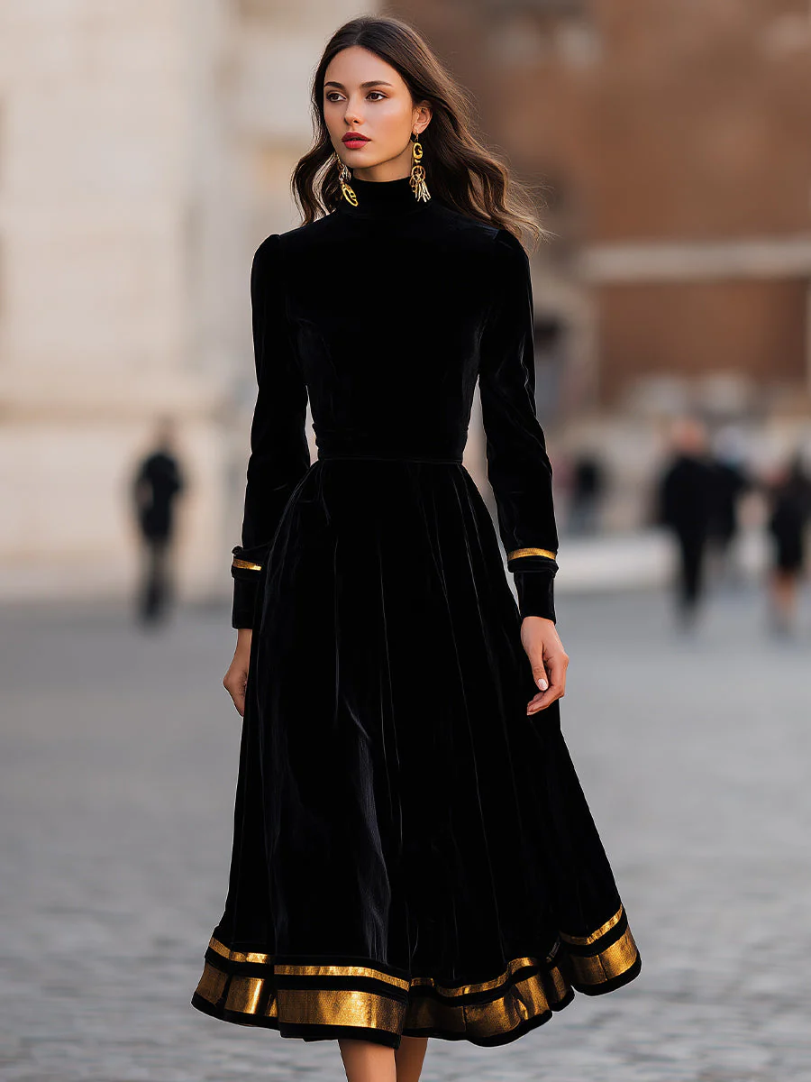 Elegant Velvet Midi Dress With Gold Trim - Image 2