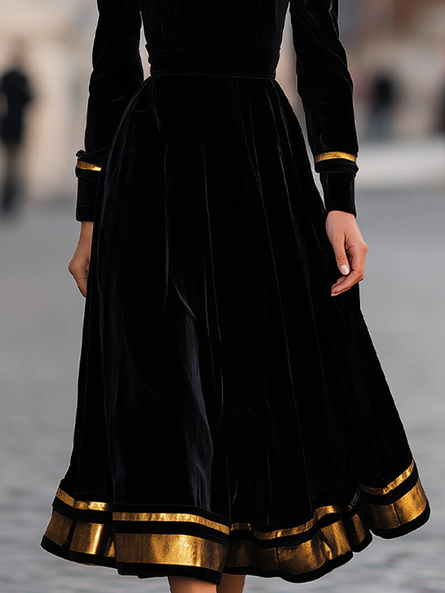 Elegant Velvet Midi Dress With Gold Trim - Image 4