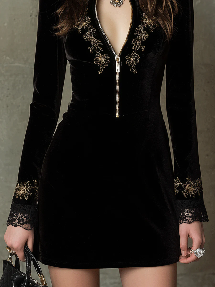 Elegant Vintage Black Velvet Gold Embroidery And Zip Front Mini Dress - Image 3