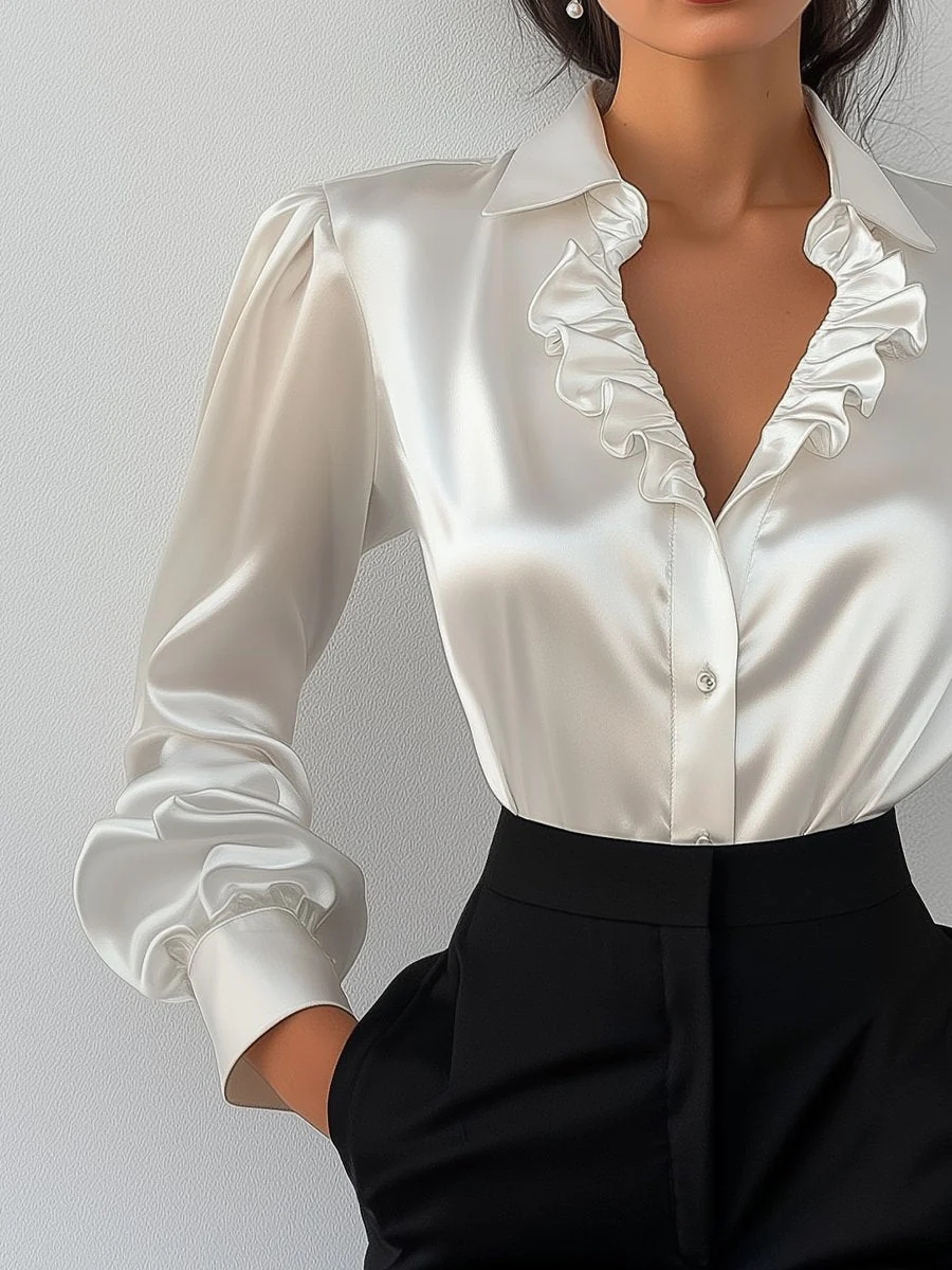 Elegant White Satin Blouse with Ruffled V-Neckline - Image 3