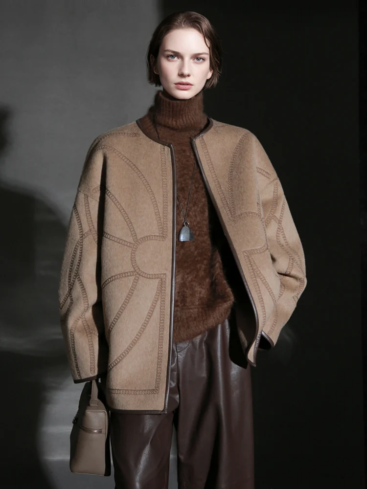 Elegant Wool Coat for Women – Double-Faced Suri Alpaca Blend Overcoat with Chain Motif and Leather Trim - Image 3