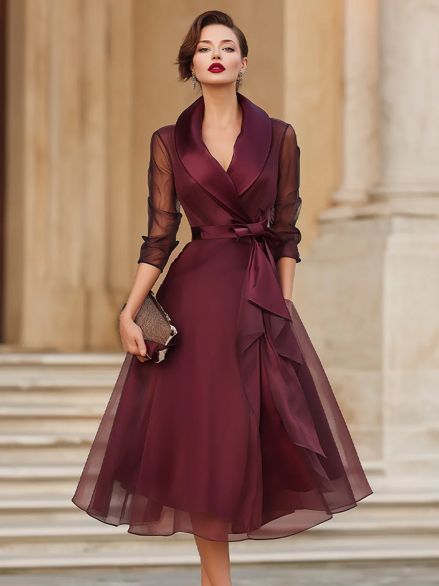 Elegant Wrap Midi Dress With Sheer Sleeves - Image 2