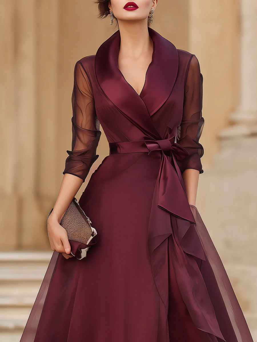Elegant Wrap Midi Dress With Sheer Sleeves - Image 3