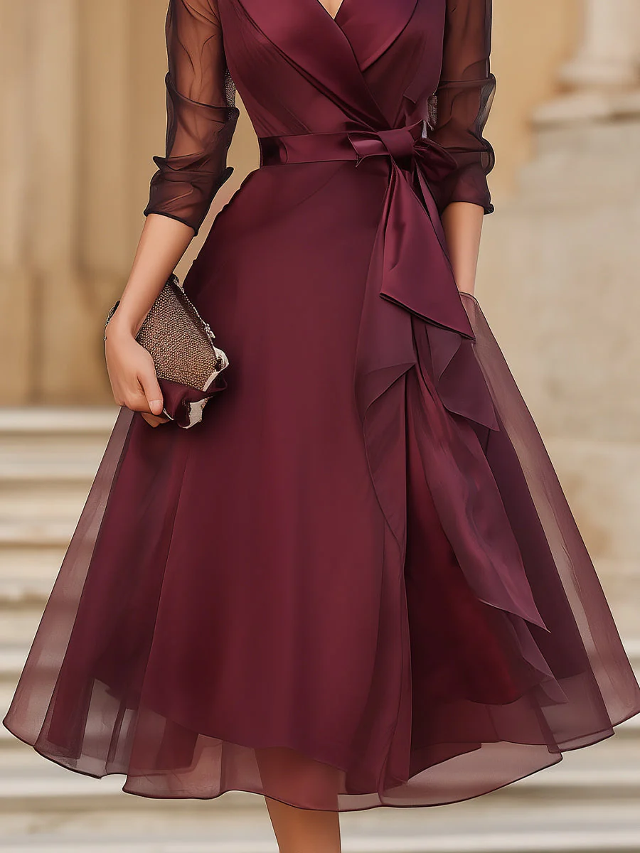 Elegant Wrap Midi Dress With Sheer Sleeves - Image 4