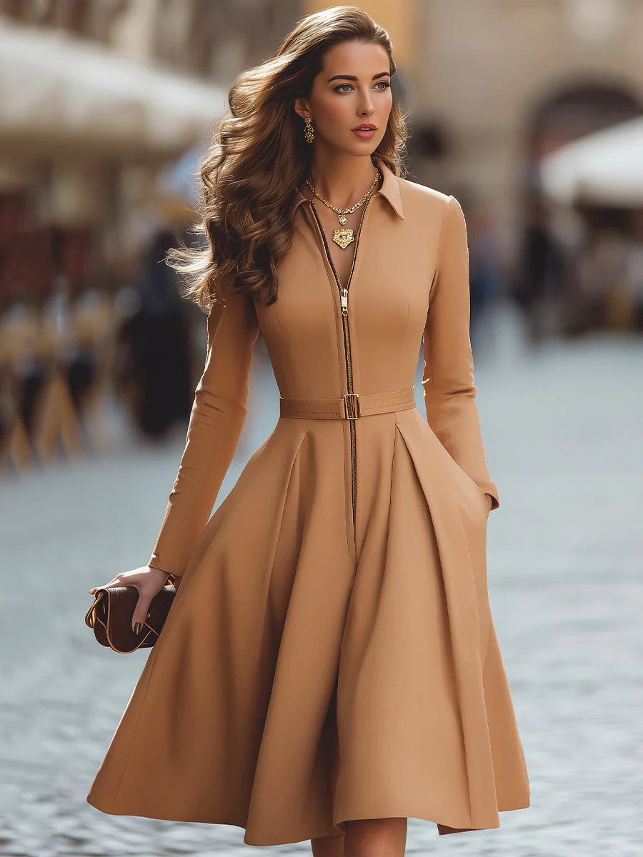 Elegant Zip-Up Fit And Flare Midi Dress - Image 2