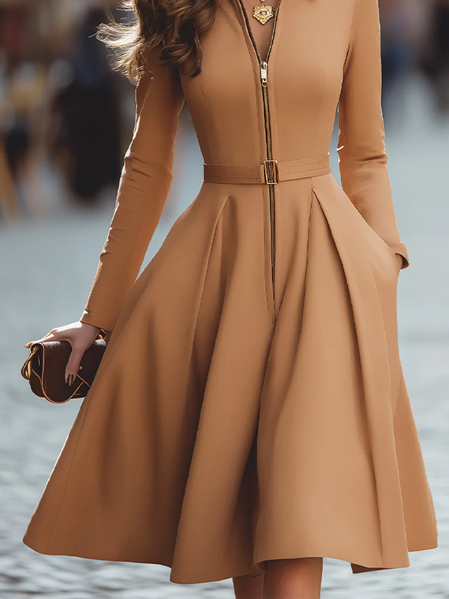 Elegant Zip-Up Fit And Flare Midi Dress - Image 4
