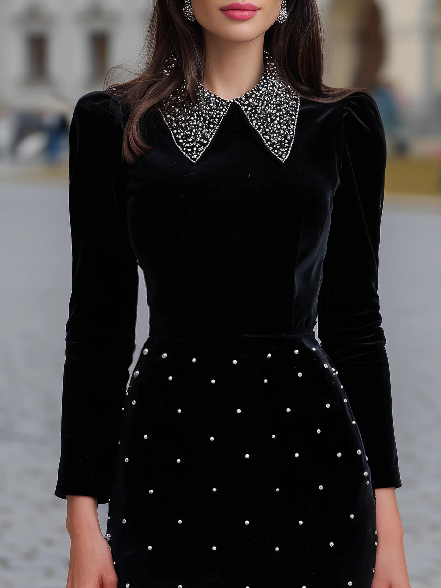 Embellished Collar Velvet Dress With Beaded Skirt - Image 2