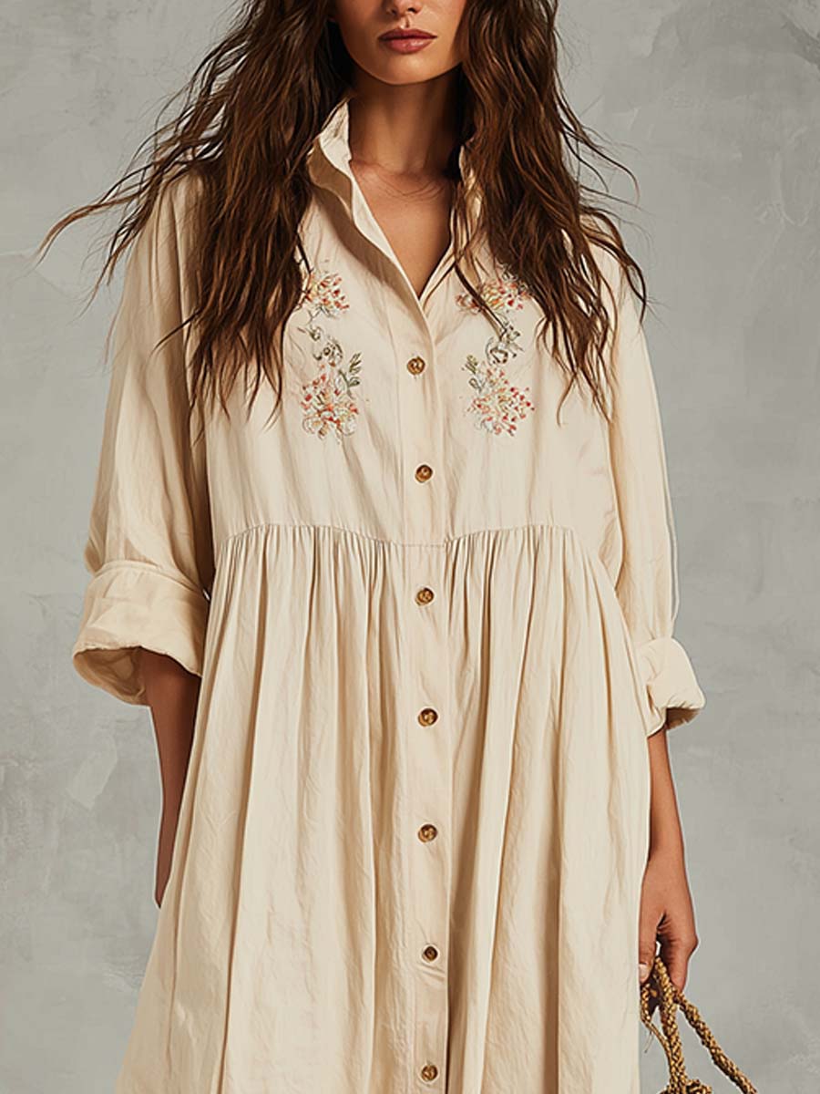 Embroidered Cotton-Linen Button Midi Dress - Image 2