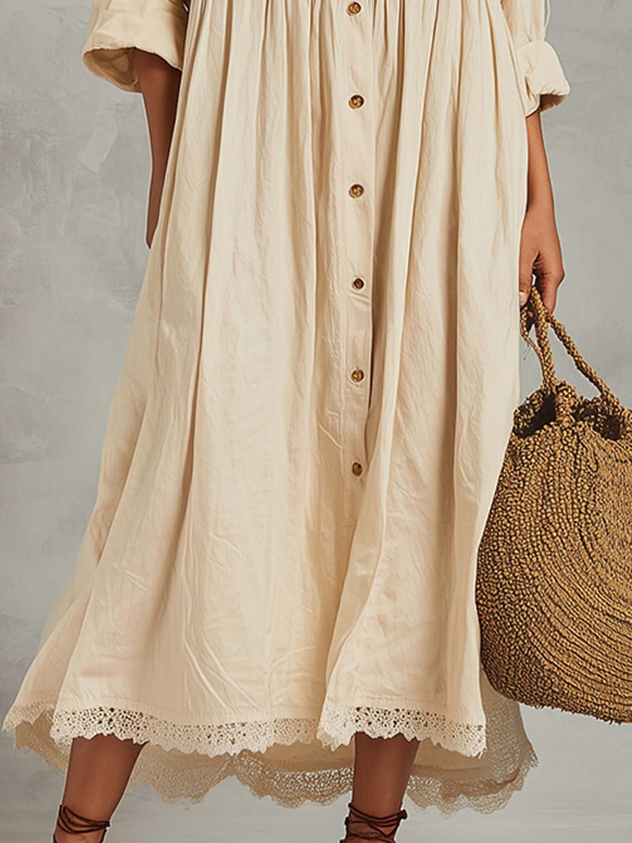 Embroidered Cotton-Linen Button Midi Dress - Image 3