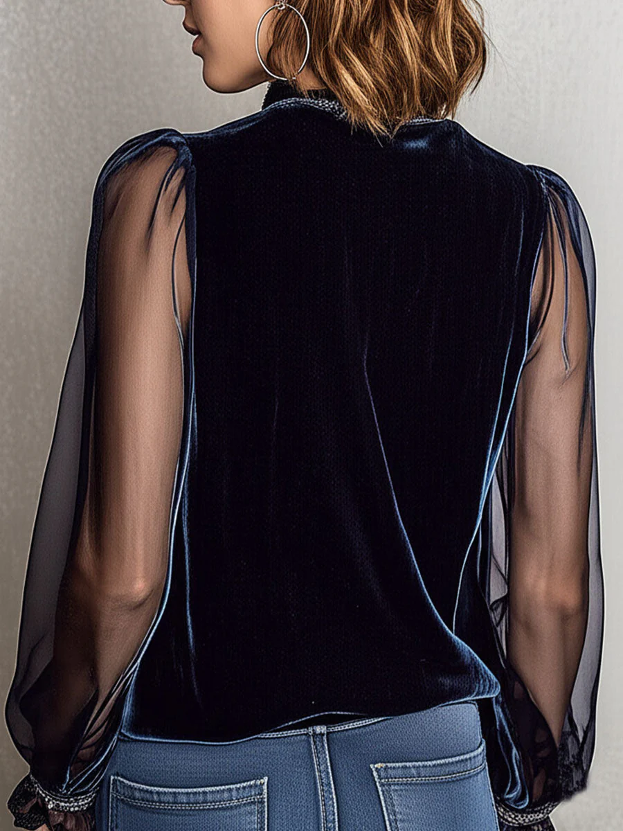 Embroidered Floral Navy Velvet Blouse With Shinning Sheer Sleeves - Image 5