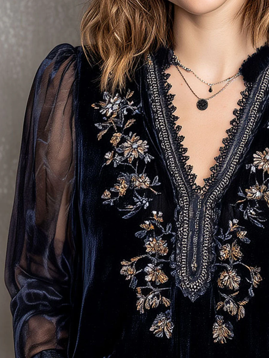 Embroidered Floral Navy Velvet Blouse With Shinning Sheer Sleeves - Image 6
