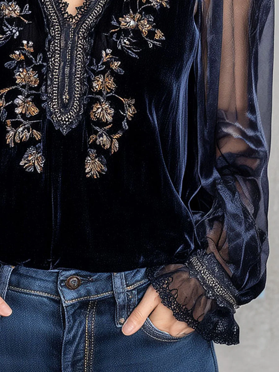 Embroidered Floral Navy Velvet Blouse With Shinning Sheer Sleeves - Image 7