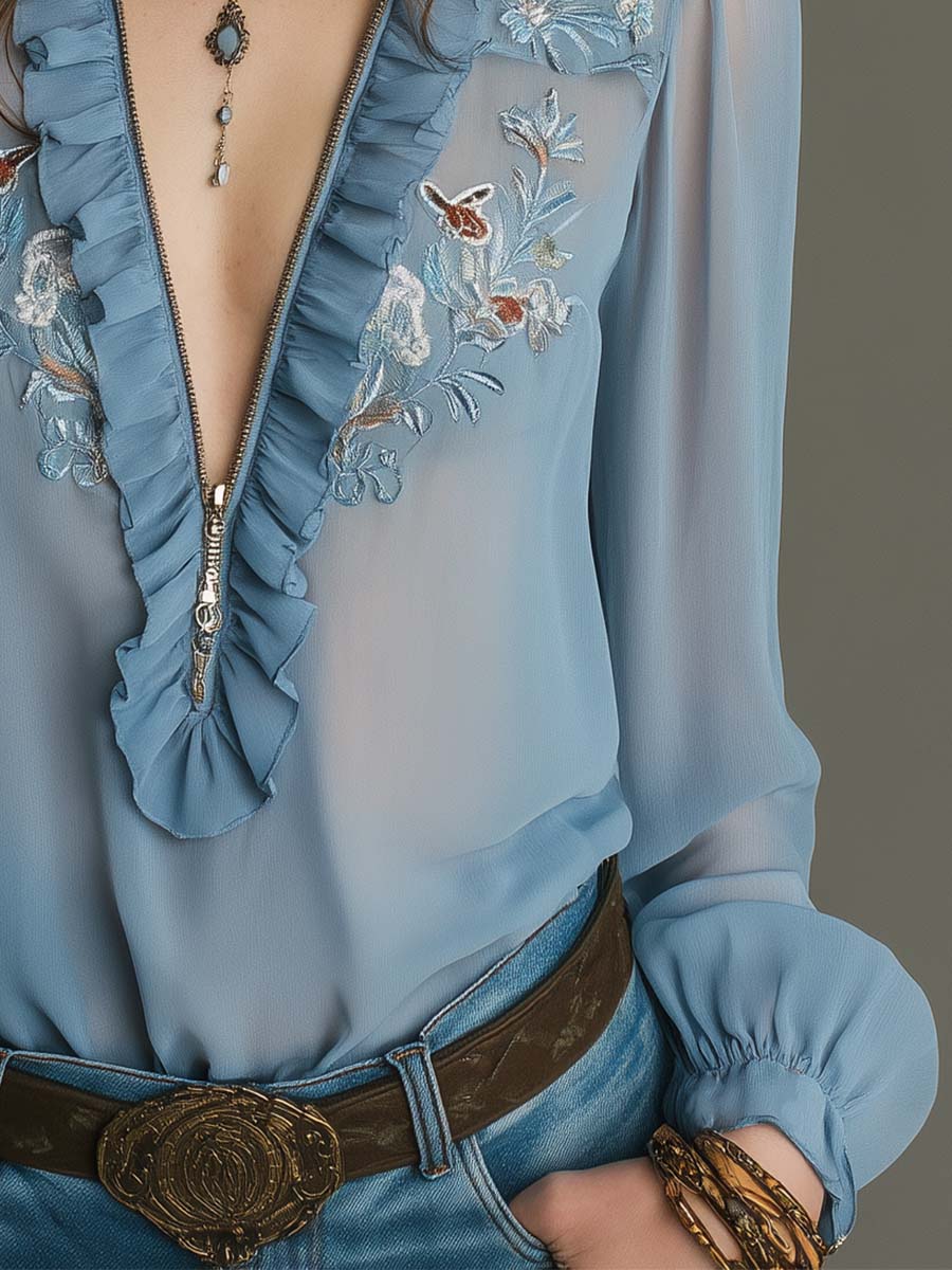 Embroidered Ruffled Zip-Front Chiffon Blouse – Mist Blue - Image 5
