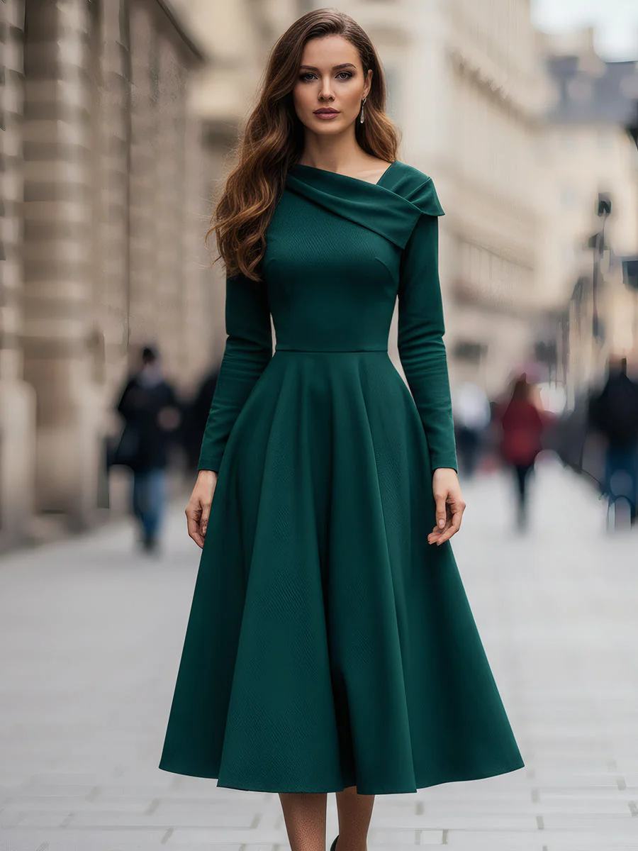 Emerald Draped Neckline Midi Dress - Image 2