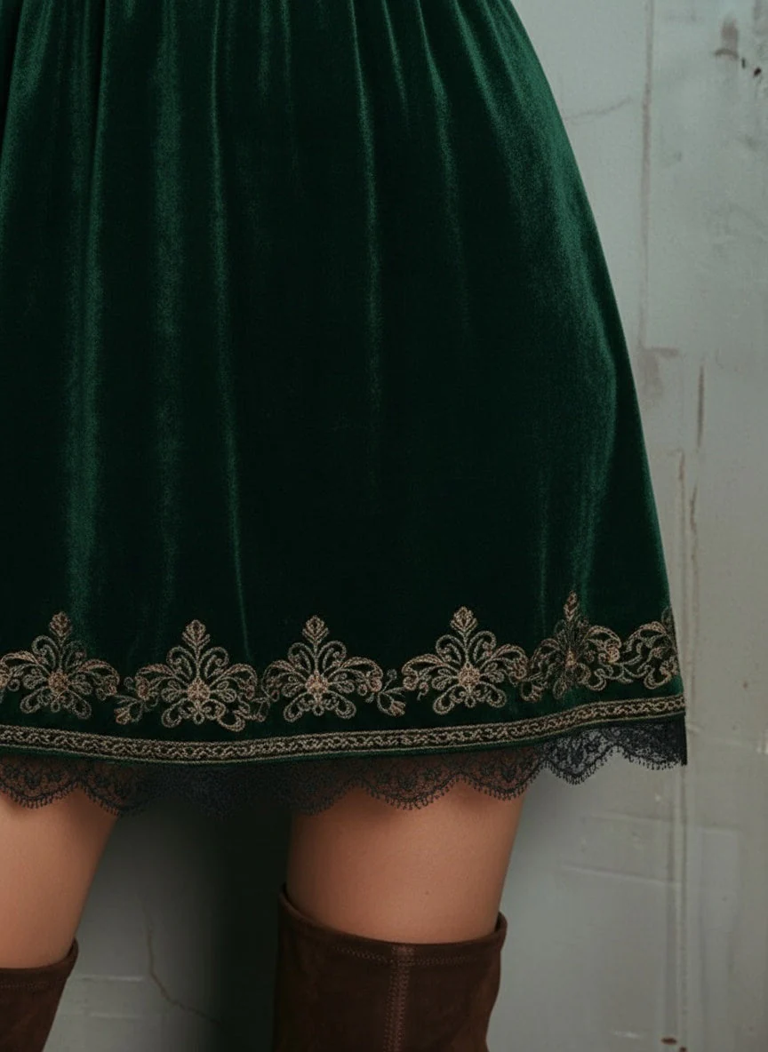 Emerald Velvet Embroidered Mini Dress - Image 2