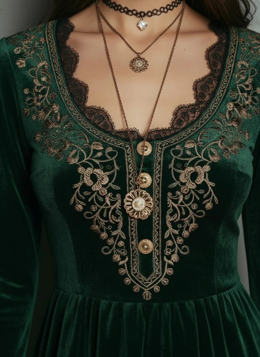 Emerald Velvet Embroidered Mini Dress - Image 4