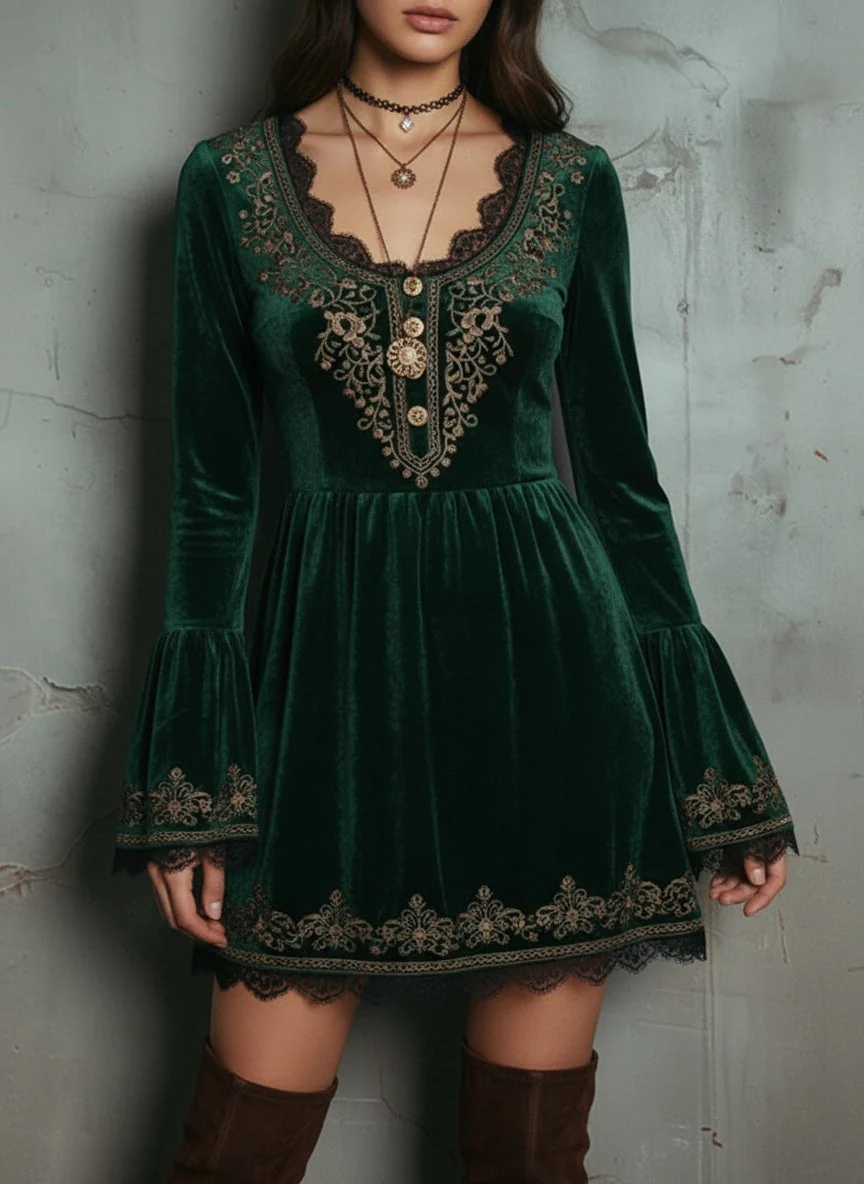 Emerald Velvet Embroidered Mini Dress - Image 5