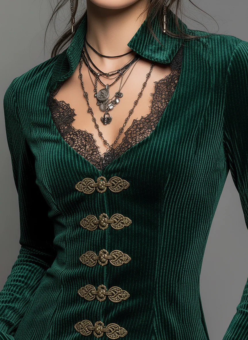 Emerald Velvet Lace Trim Victorian Style Blouse - Image 2