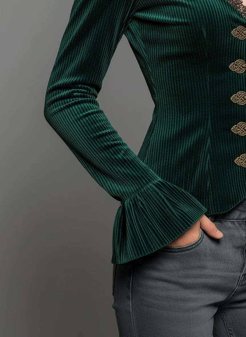 Emerald Velvet Lace Trim Victorian Style Blouse - Image 3