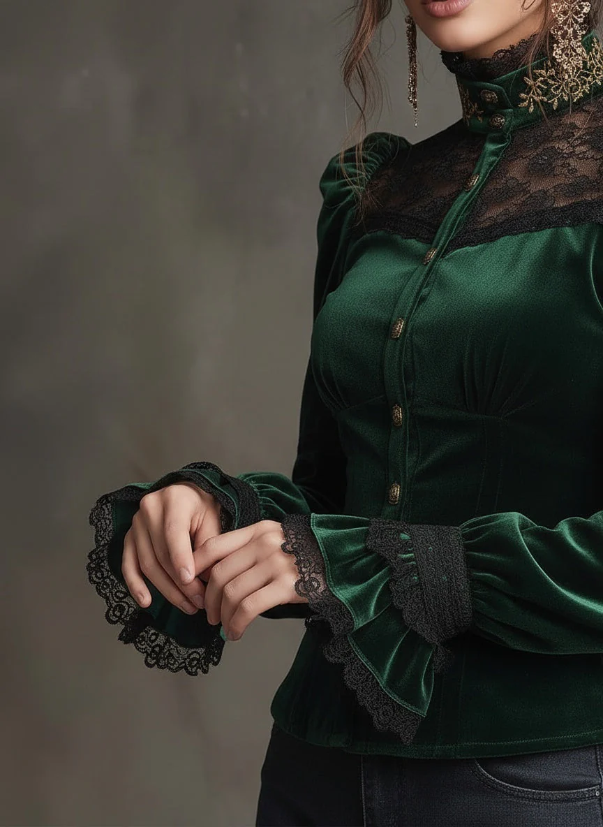 Emerald Velvet & Lace Victorian Blouse - Image 2