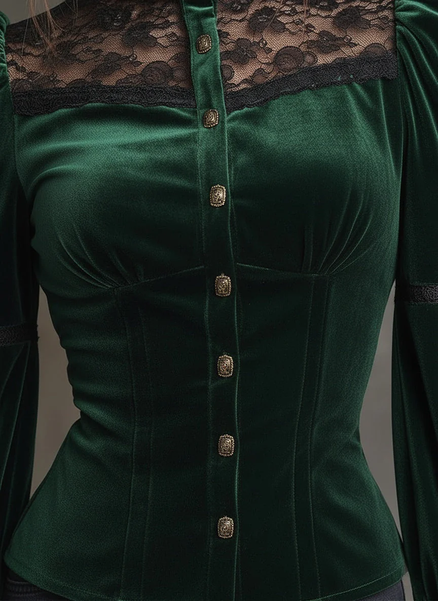 Emerald Velvet & Lace Victorian Blouse - Image 3