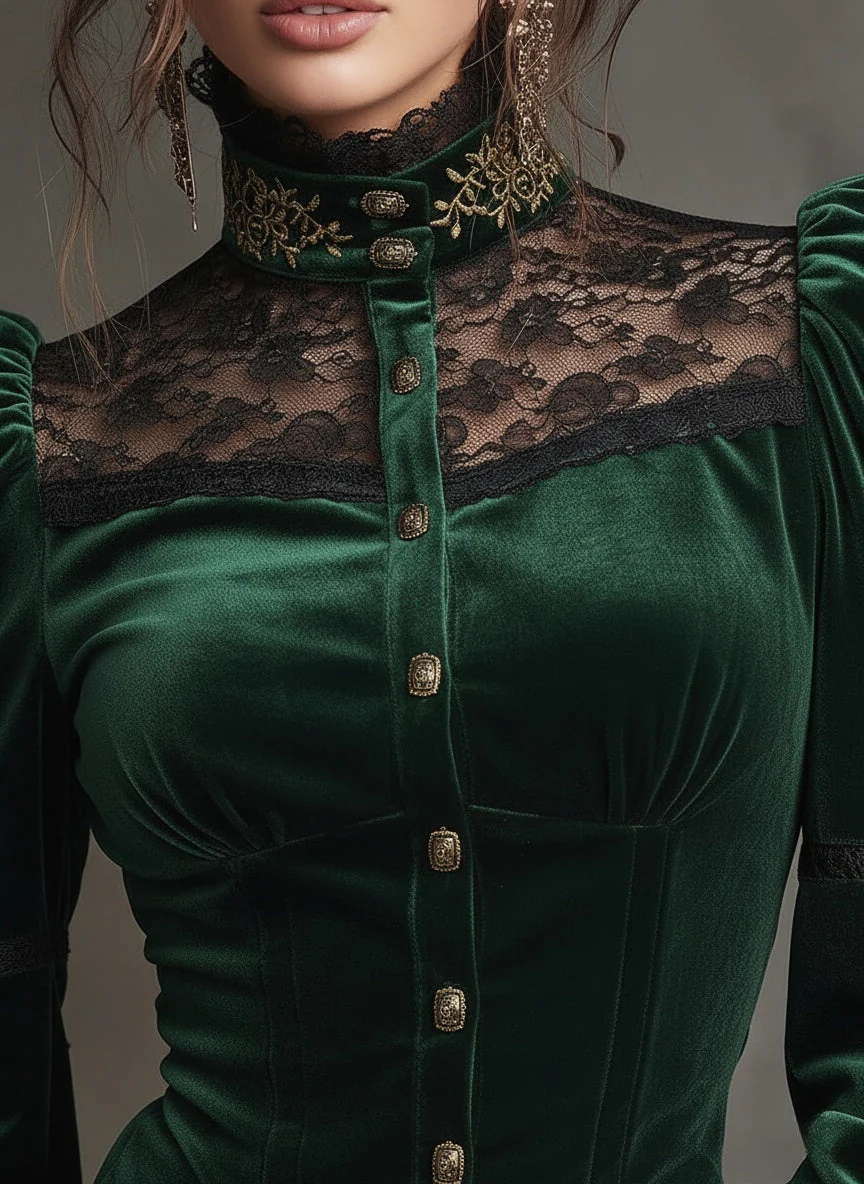 Emerald Velvet & Lace Victorian Blouse - Image 4