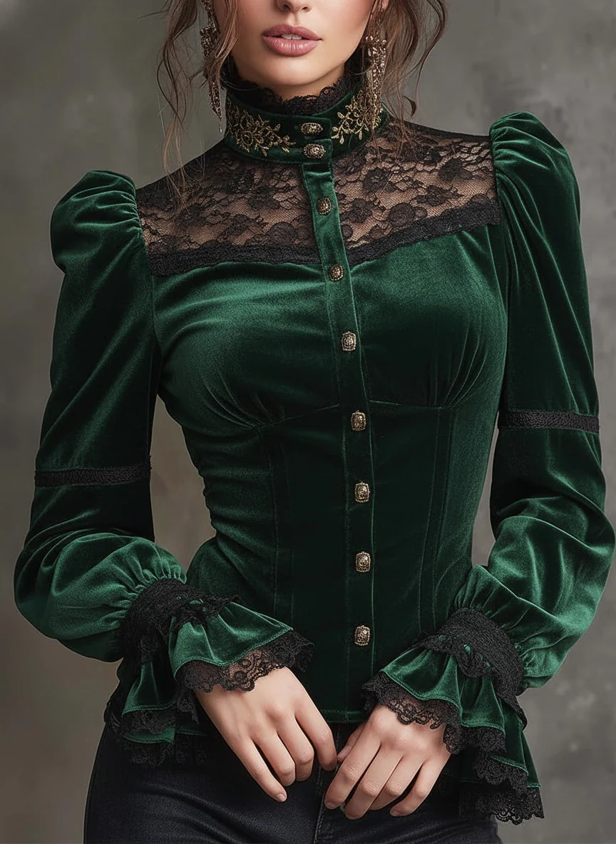 Emerald Velvet & Lace Victorian Blouse - Image 5