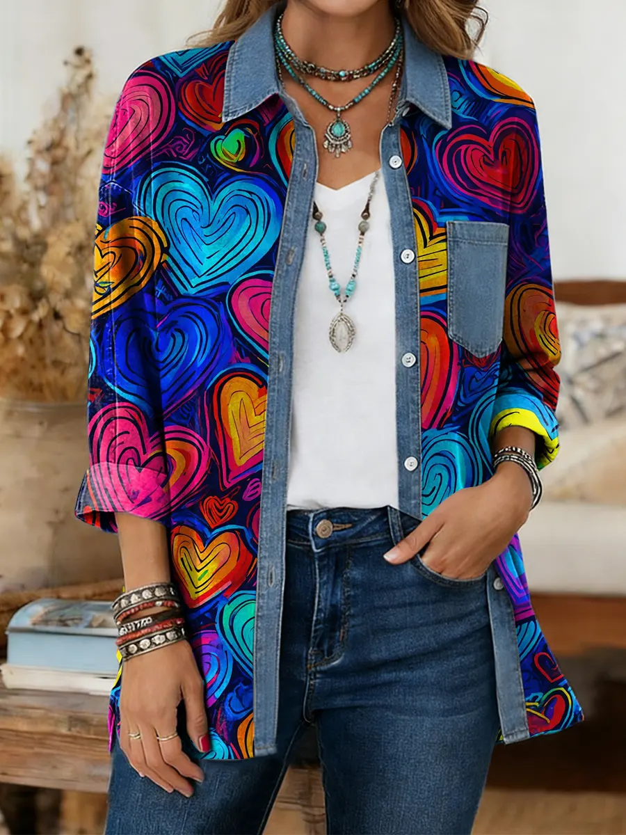 Ethnicity Colorful Abstract Love Women's Print Casual Denim Patchwork Cotton Shirt