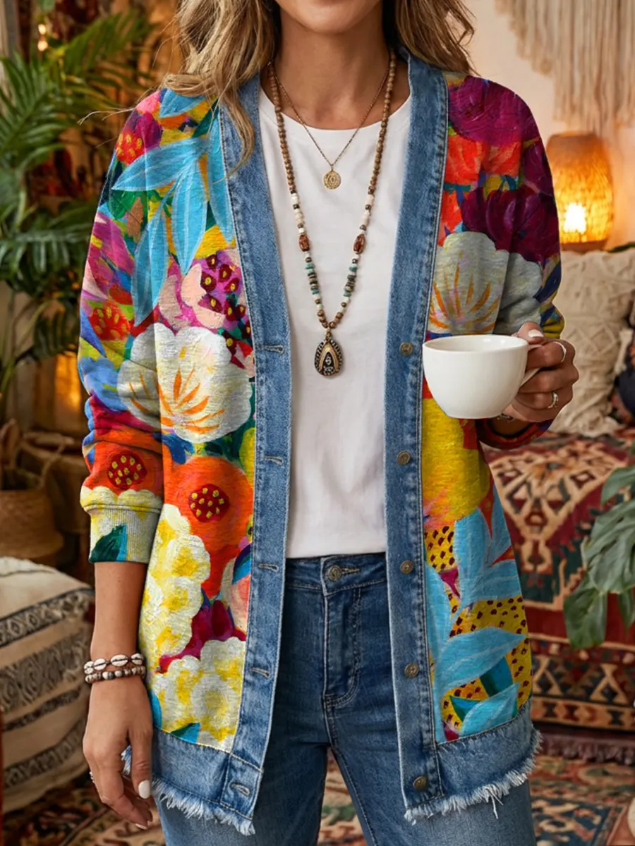 Ethnicity Colorful Flowers Geometry Women's Art Print Casual Long Sleeve Denim Patchwork Shirt Coat