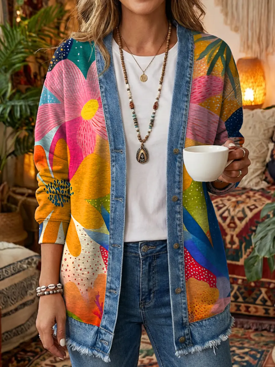 Ethnicity Colorful Flowers Women's Art Print Casual Long Sleeve Denim Patchwork Shirt Coat