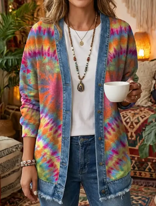 Ethnicity Colorful Tie Dye Love Women's Art Print Casual Long Sleeve Denim Patchwork Shirt Coat - Image 2