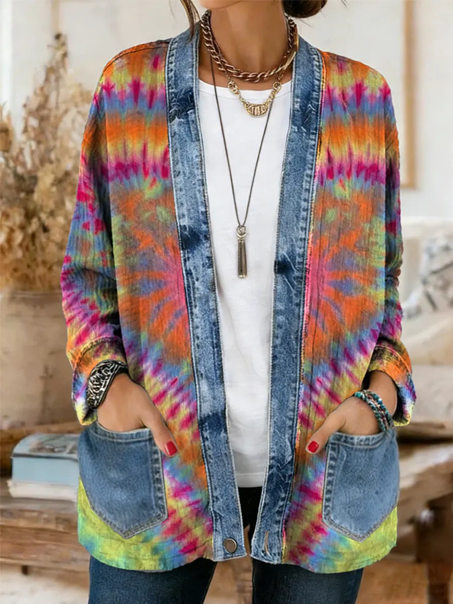 Ethnicity Colorful Tie Dye Love Women's Casual Long Sleeve Comfortable Denim Mix Cardigan