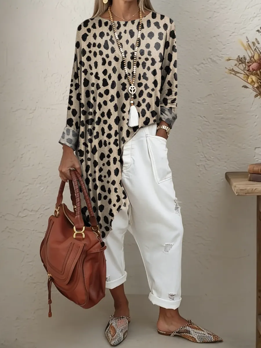 Ethnicity Geometry Leopard Print Women's Print Irregular Hem Cotton Long-sleeve T-shirt