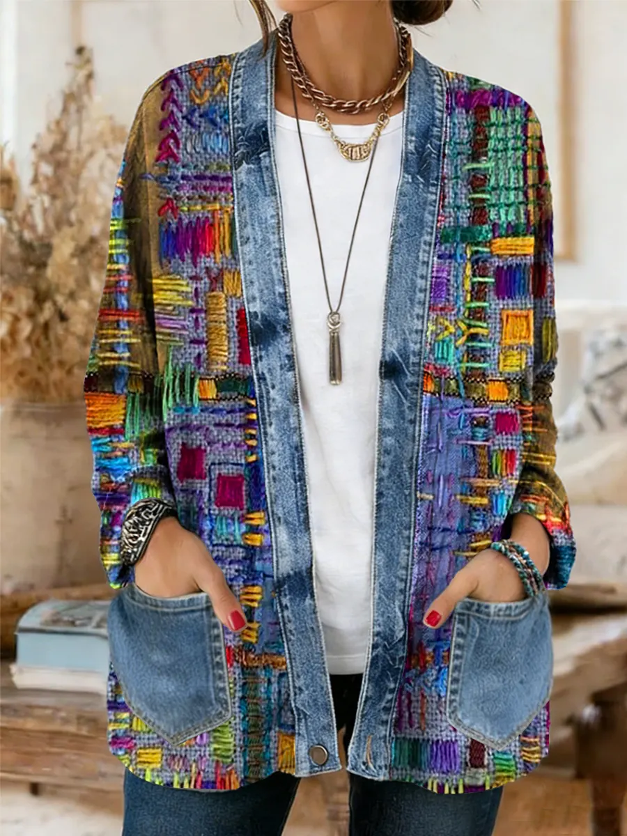 Ethnicity Geometry Texture Women's Casual Long Sleeve Comfortable Denim Mix Cardigan