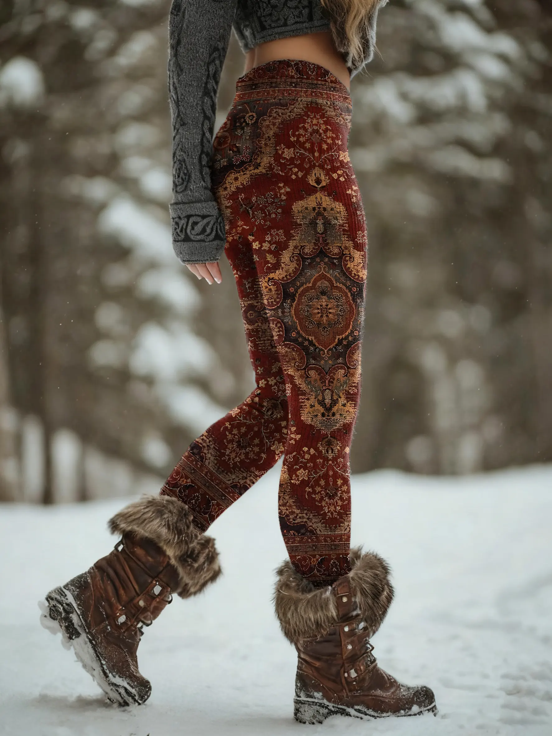 Ethnicity Geometry Totem Flowers Women's Printed Knitted Leggings