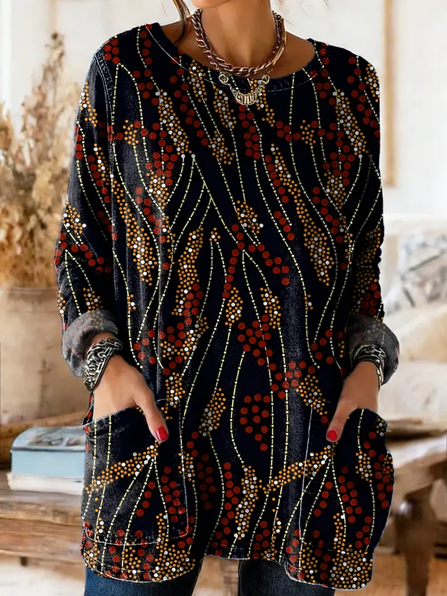 Ethnicity Geometry Totem Stripes Women's Casual Long-sleeve Crew Neck Pocket Washed Cotton Denim T-shirt