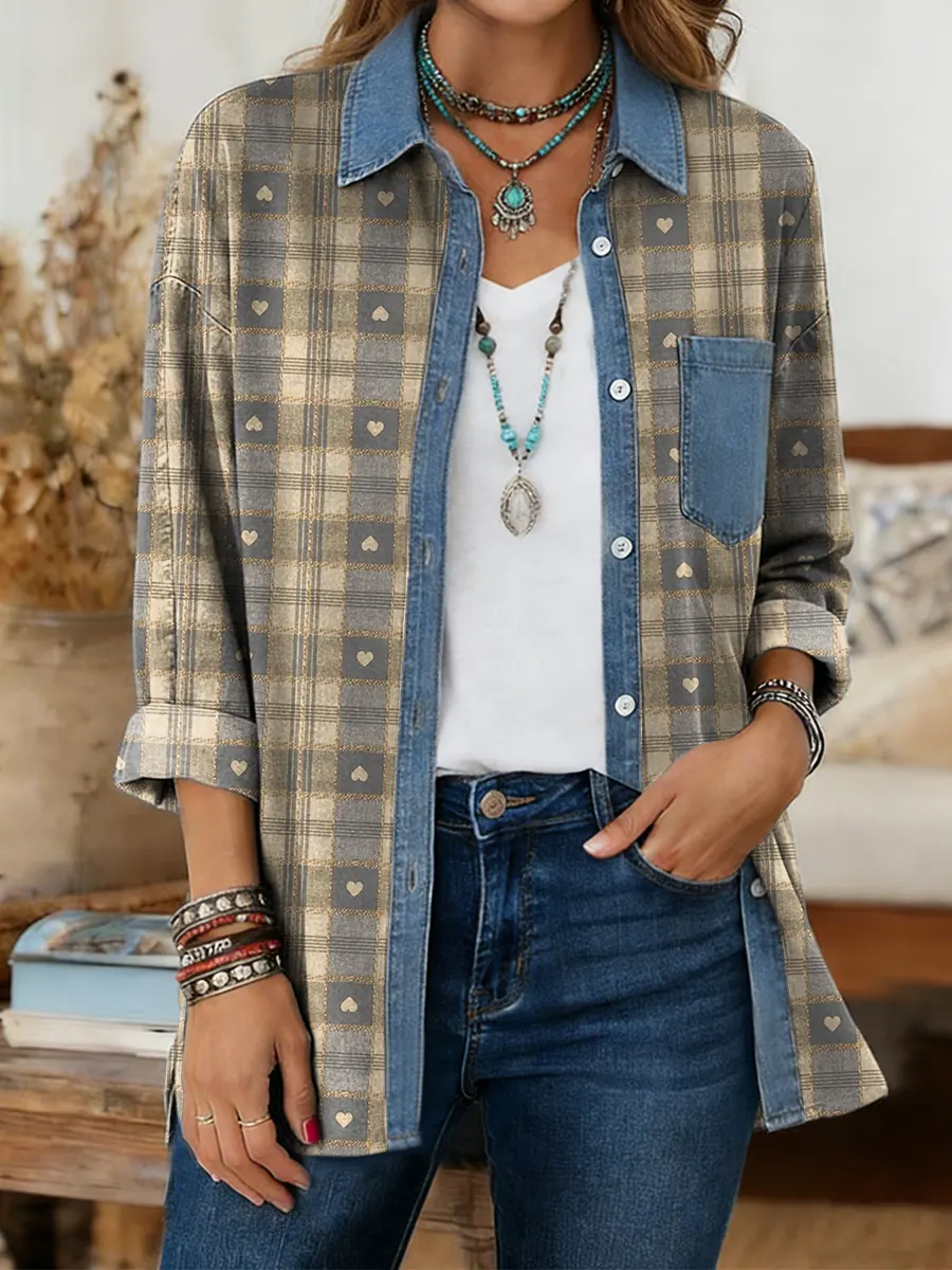 Ethnicity Love Checkered Pattern Women's Print Casual Denim Patchwork Cotton Shirt