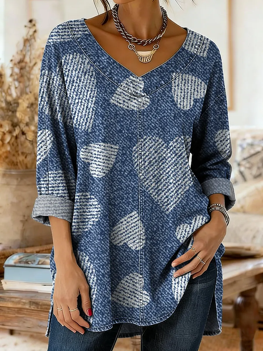 Ethnicity Love Women's Art Print Casual Washed Denim Cotton Top
