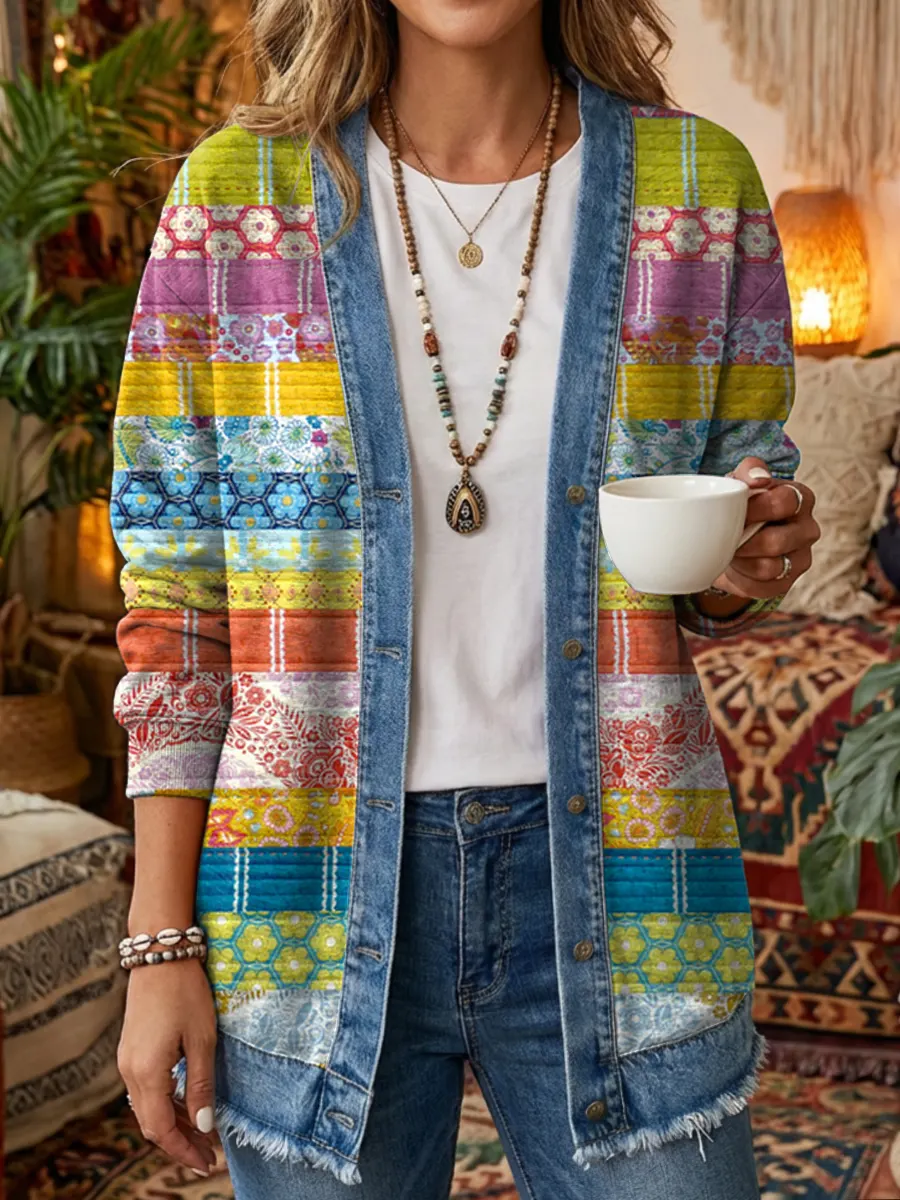 Ethnicity Patchwork Geometry Totem Women's Art Print Casual Long Sleeve Denim Patchwork Shirt Coat