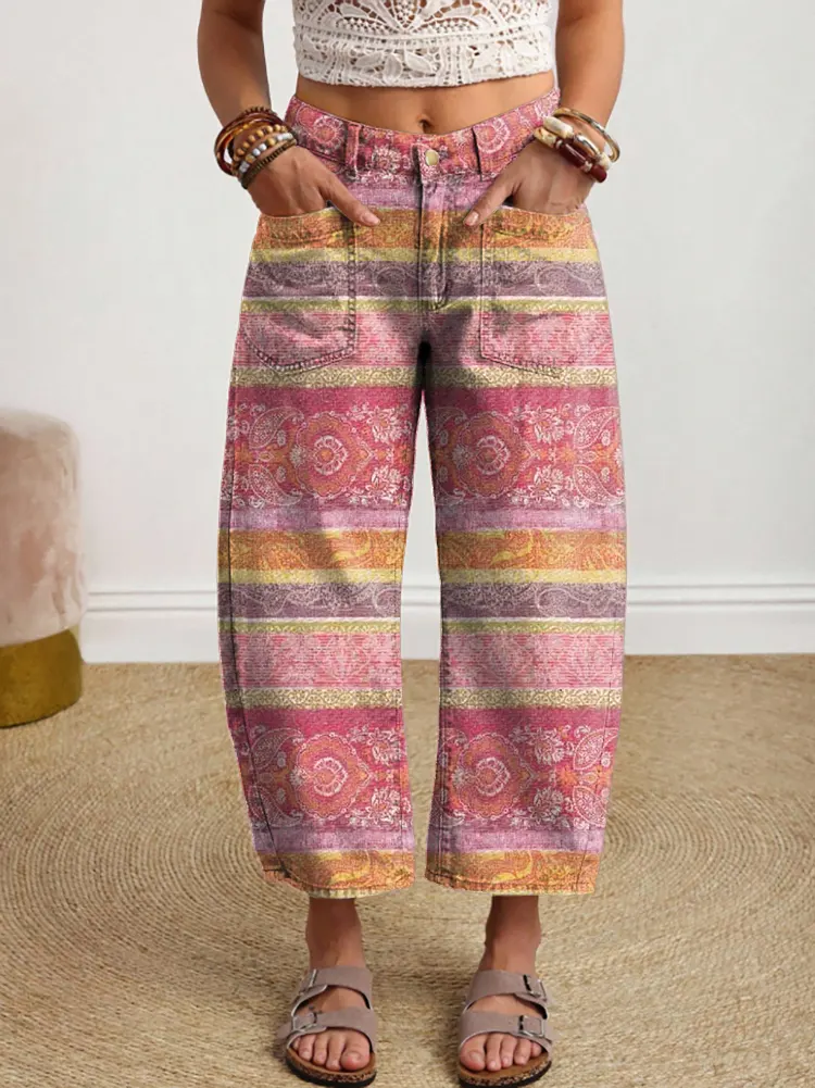 Ethnicity Pink Flowers Stripes Women's Art Print Jeans