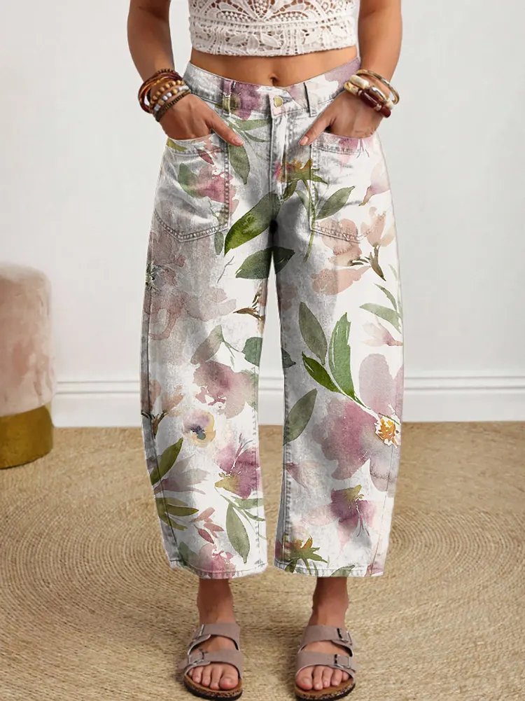 Ethnicity Pink Flowers Watercolor Women's Art Print Jeans