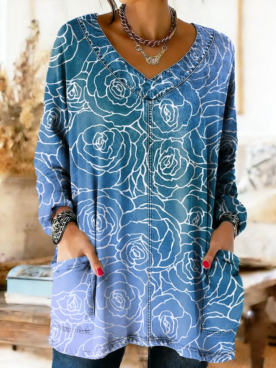 Ethnicity Rose Flowers Gradation Women's Art Print Casual Pocket Washed Denim Cotton Top - Image 4