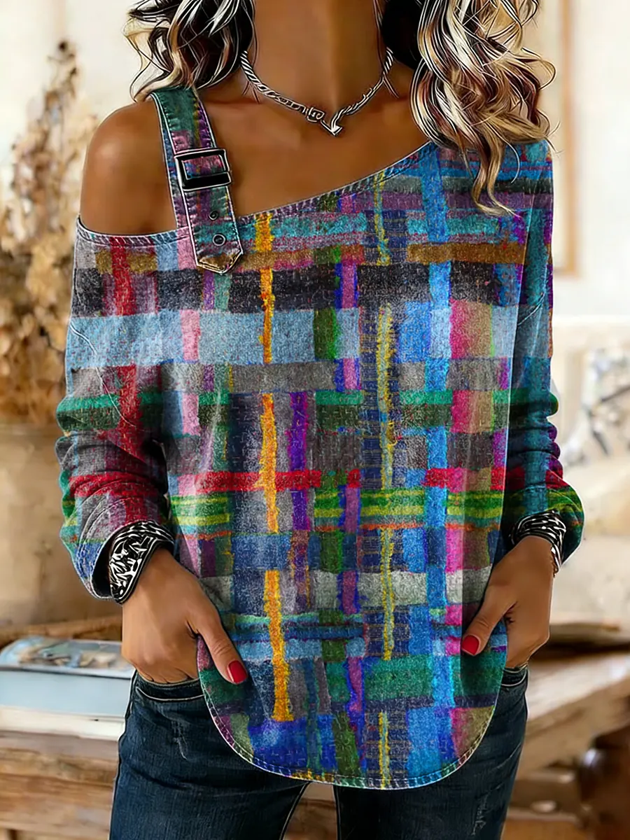 Ethnicity Stripes Geometry Women's Print Off-shoulder Washed Denim Cotton Top