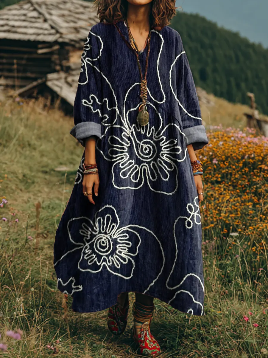 Ethnicity Texture Flowers Lines Women's Art Print Casual Long Sleeve Dress
