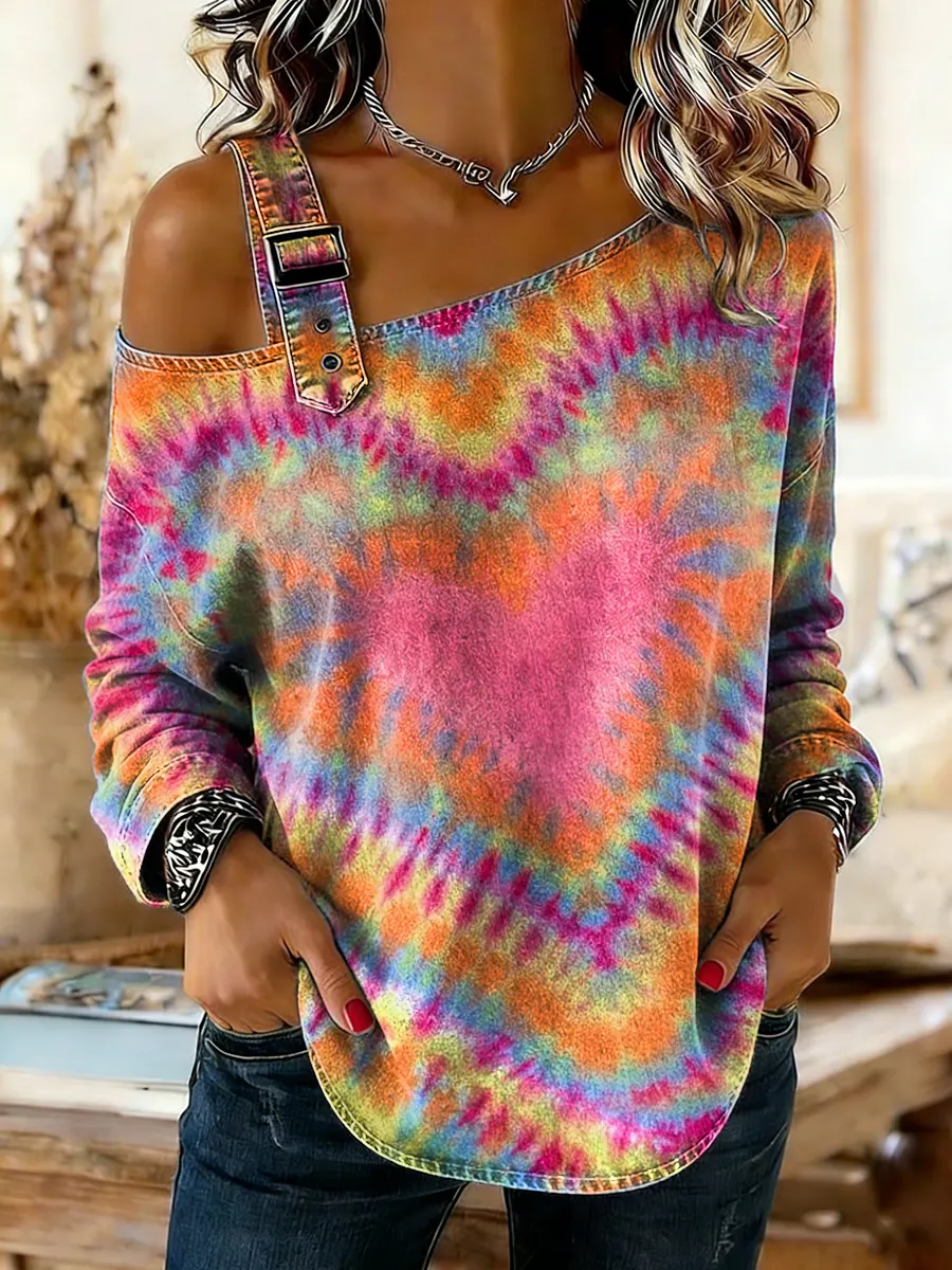 Ethnicity Tie Dye Love Women's Print Off-shoulder Washed Denim Cotton Top