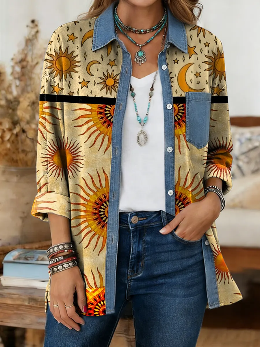 Ethnicity Totem Sun Moon Women's Print Casual Denim Patchwork Cotton Shirt