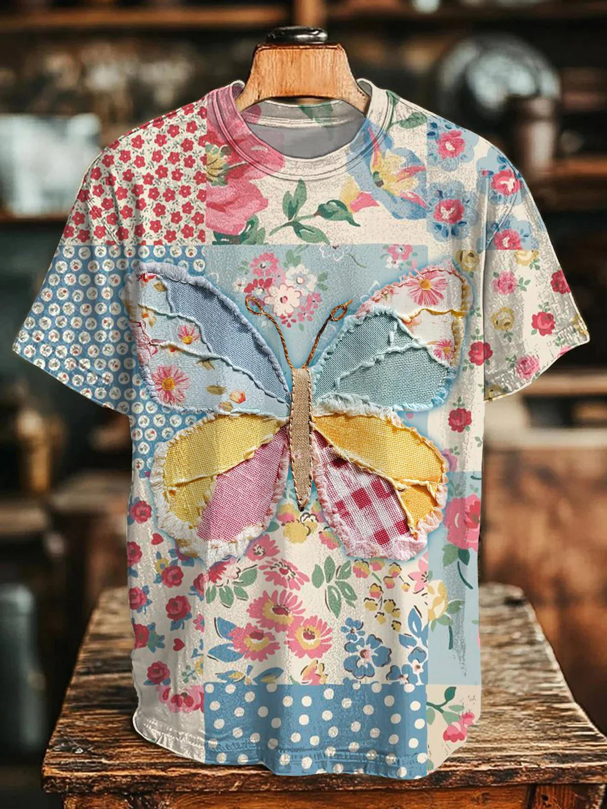 Fabric Splicing Butterfly Crew Neck T-shirt
