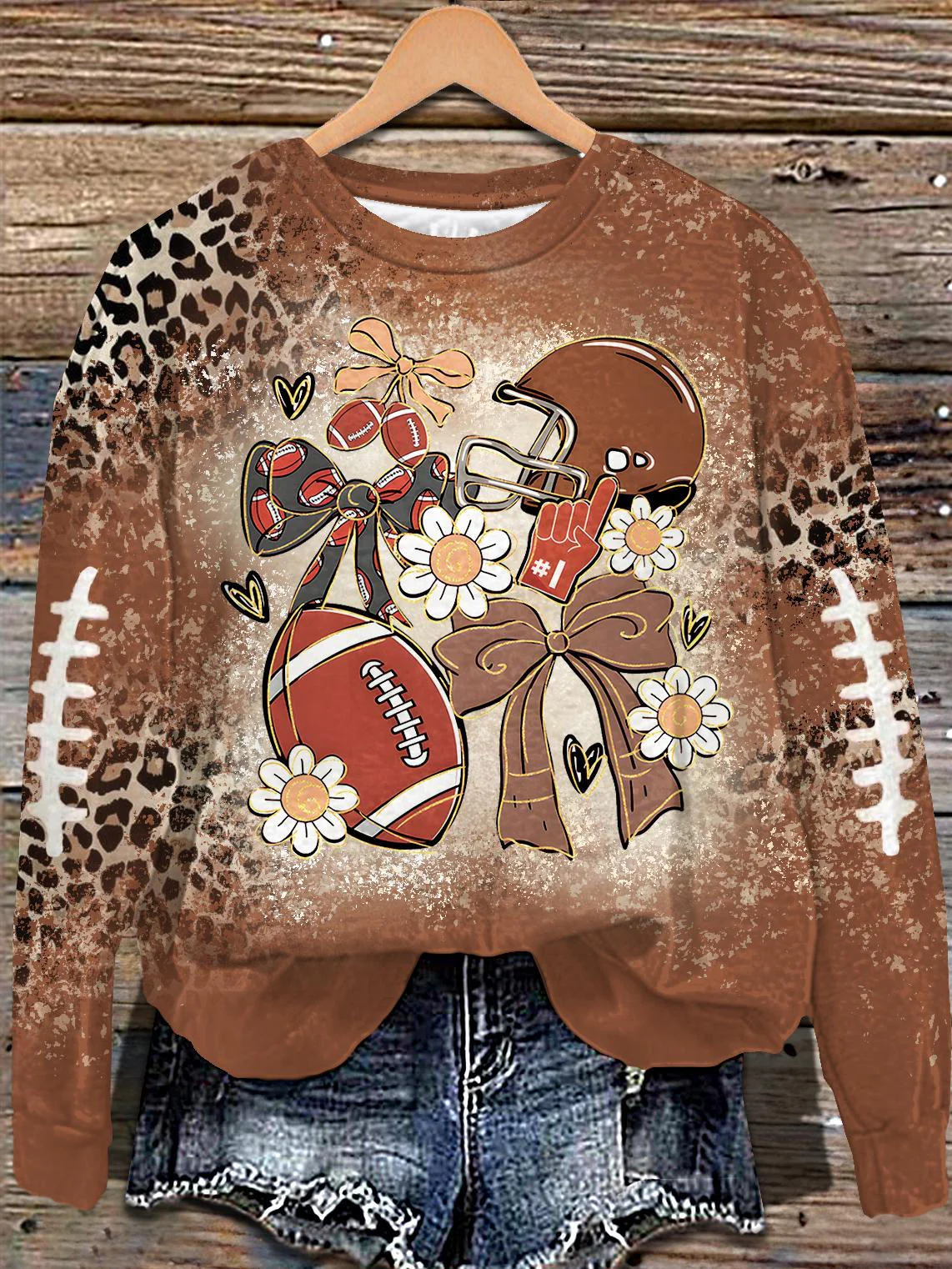 Fall Football Floral Print Long Sleeve Casual Top